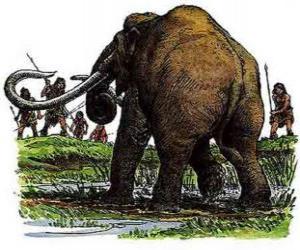 пазл Группа доисторических людей, вооруженных копьями на охоте мамонта